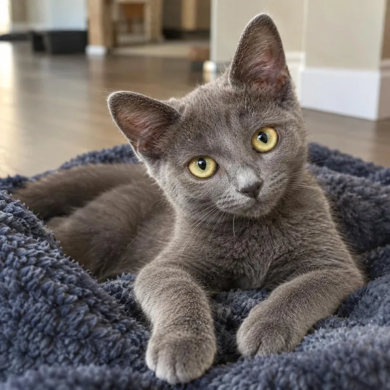 A baby medium-sized female Gray / Blue / Silver Domestic Short Hair cat named Kiwi for adoption in Houston, TX