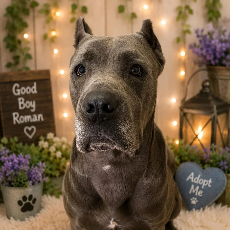 An adult extra large-sized male Gray / Blue / Silver Cane Corso dog named Roman for adoption in Waldorf, MD