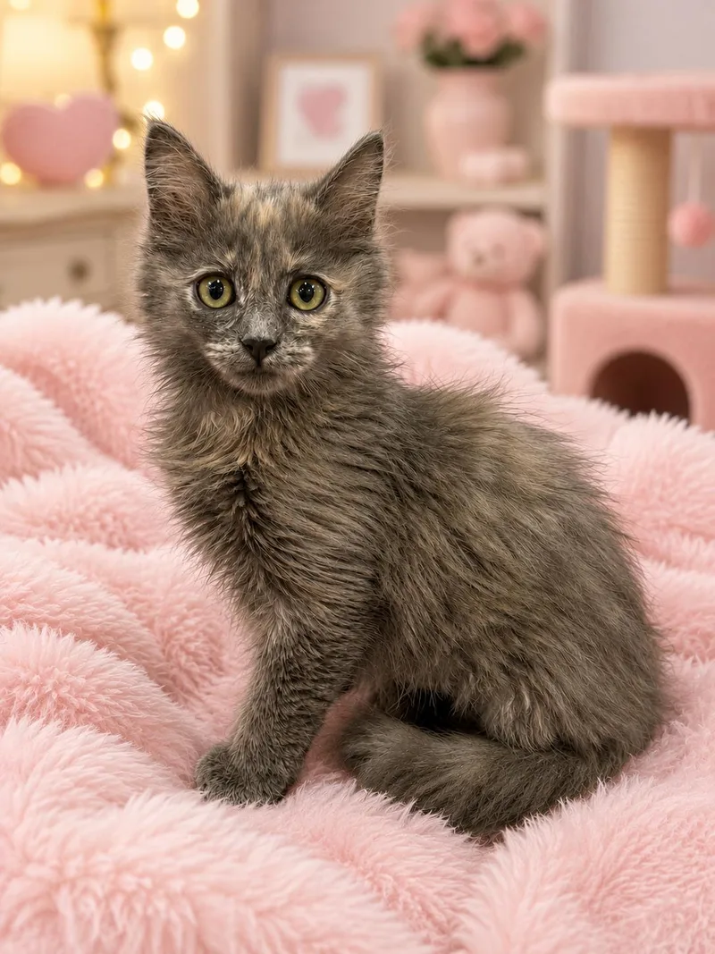 A baby medium-sized female Gray / Blue / Silver Domestic Long Hair cat named Ginnys Fluffy Tortie for adoption in Glendora, CA