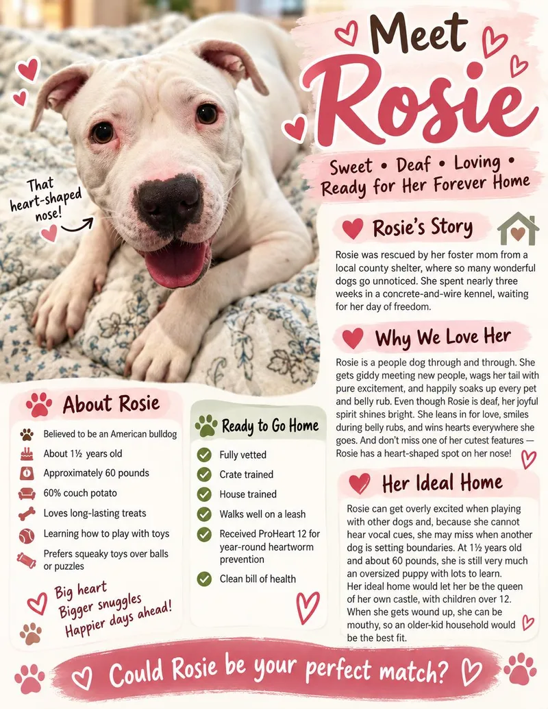 A young medium-sized female White / Cream American Bulldog dog named Rosie for adoption in Marion, TX