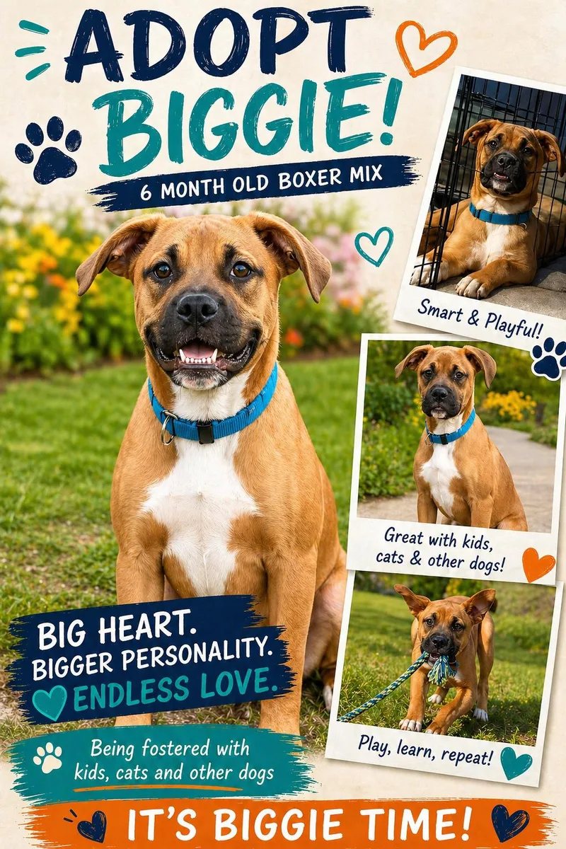 A young medium-sized male Apricot / Beige Boxer dog named Biggie for adoption in Wauregan, CT