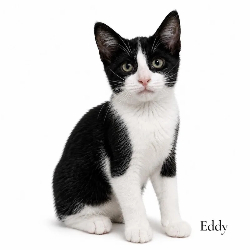 A baby medium-sized male Black & White / Tuxedo Domestic Short Hair cat named Eddy for adoption in Stevensville, MI