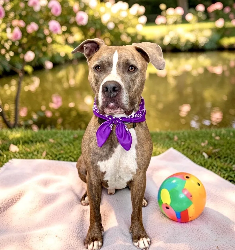 An adult large-sized male Brindle Staffordshire Bull Terrier dog named Pete for adoption in Perry, IA