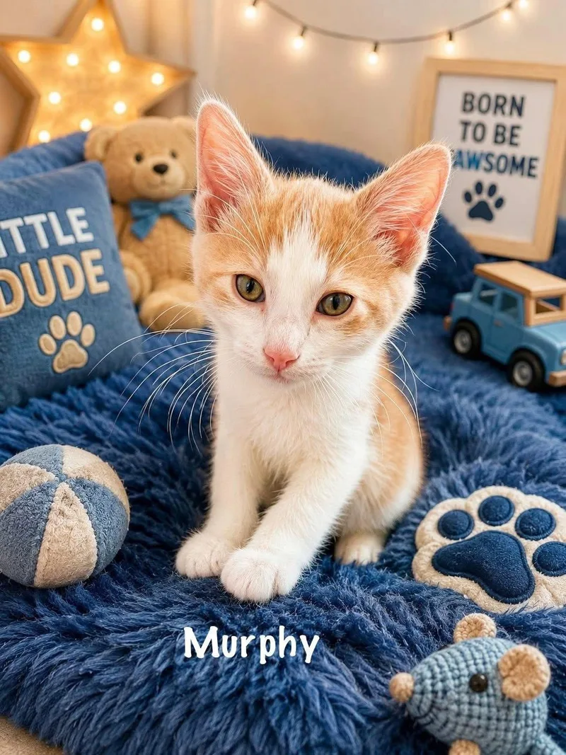 A baby medium-sized male Tabby cat named Murphy for adoption in Dickinson, TX