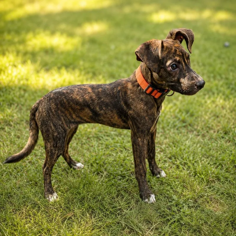 A baby medium-sized female Brindle Mixed Breed dog named Sweet Pea for adoption in Houston, TX