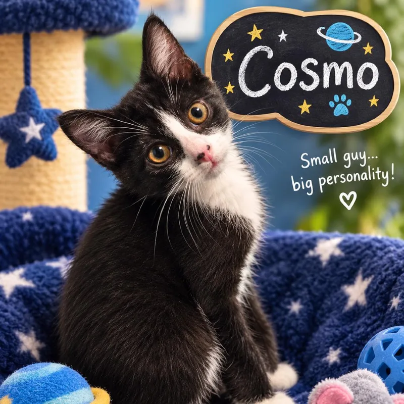 A baby small-sized male Domestic Short Hair cat named Cosmo for adoption in League City, TX