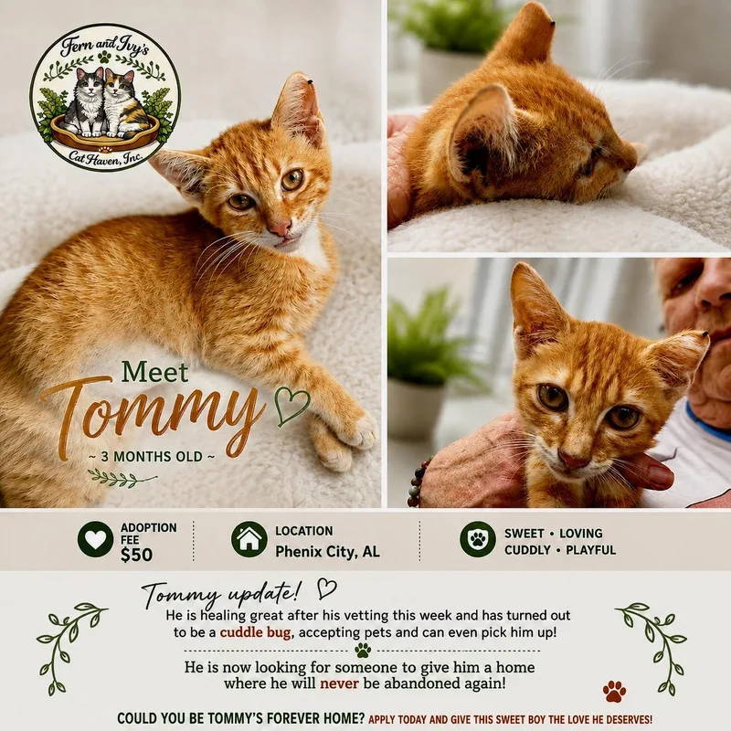 A young medium-sized male Domestic Short Hair cat named Tommy for adoption in Opelika, AL