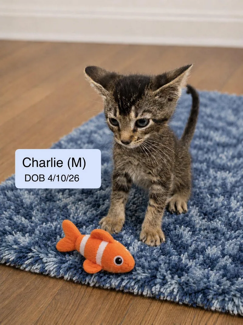 A baby medium-sized male Tabby cat named Charlie for adoption in Vacaville, CA