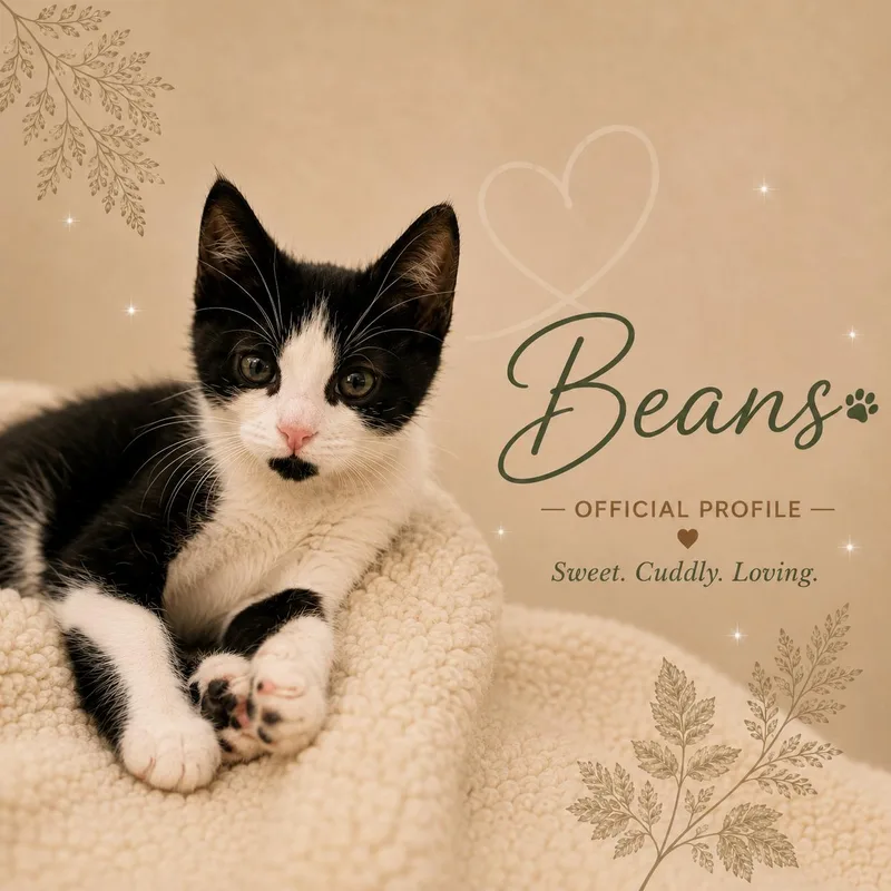 A young medium-sized female Black & White / Tuxedo Domestic Short Hair cat named Beans for adoption in Opelika, AL