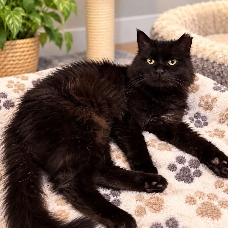 A young medium-sized female Black Domestic Long Hair cat named Omellette for adoption in Sewell, NJ