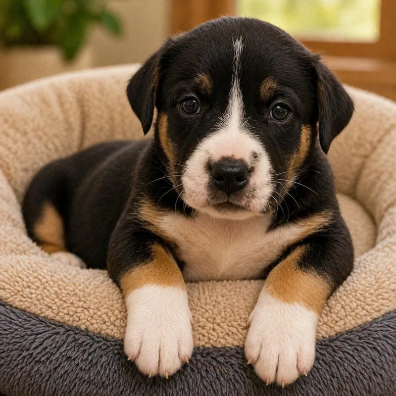 A baby medium-sized female Tricolor (Brown, Black, & White) Hound dog named Duckie for adoption in Cranston, RI