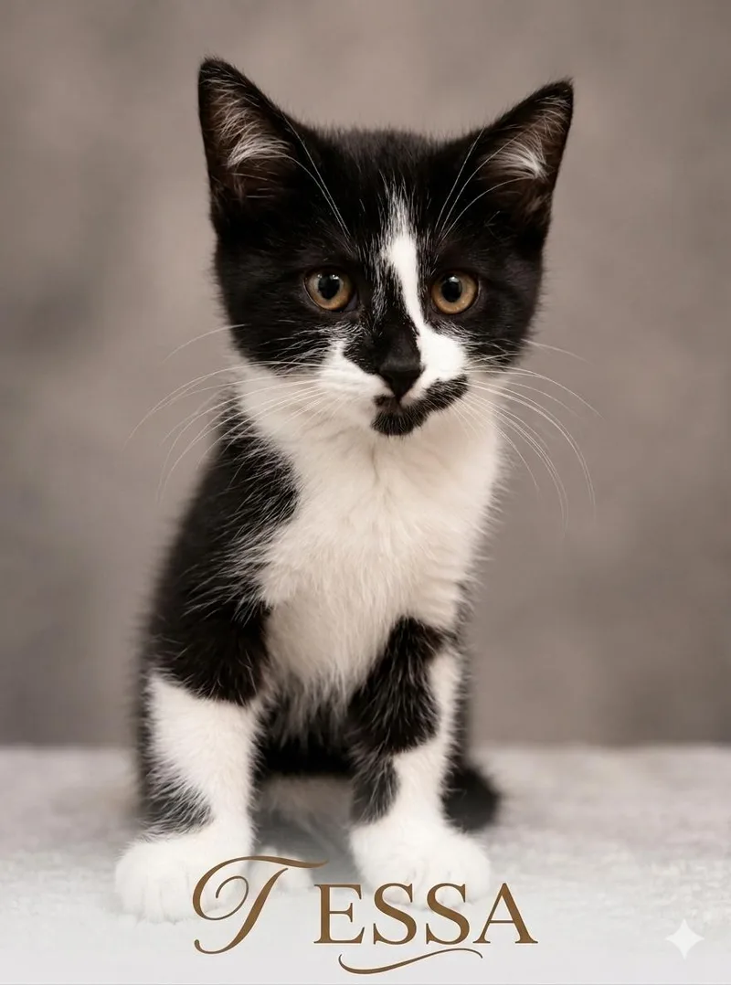 A baby medium-sized female Black & White / Tuxedo Domestic Short Hair cat named Tessa for adoption in Aurora, NE