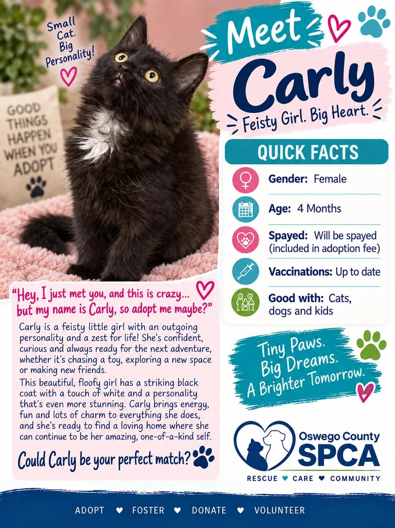 A young medium-sized female Black Domestic Medium Hair cat named Carly for adoption in Fulton, NY