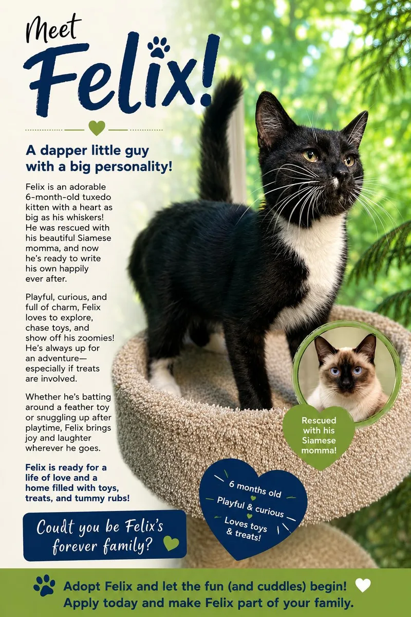 A young medium-sized male Tuxedo cat named Felix for adoption in Danbury, CT