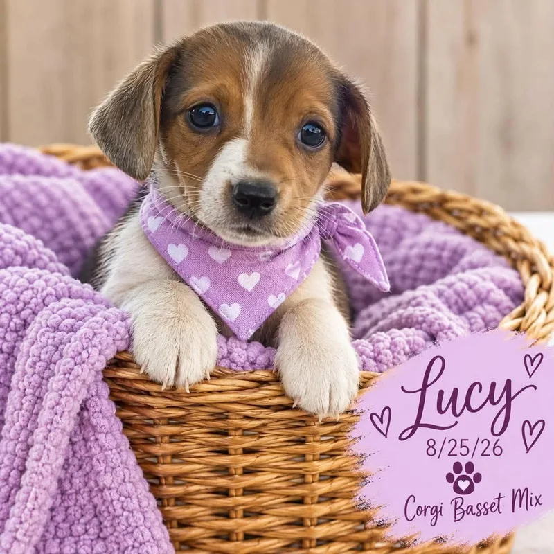A baby medium-sized female Corgi dog named Lucy for adoption in Fort Worth, TX