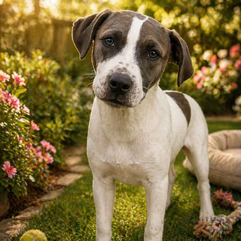 A young medium-sized male White / Cream Hound dog named Luke for adoption in Smithfield, NC