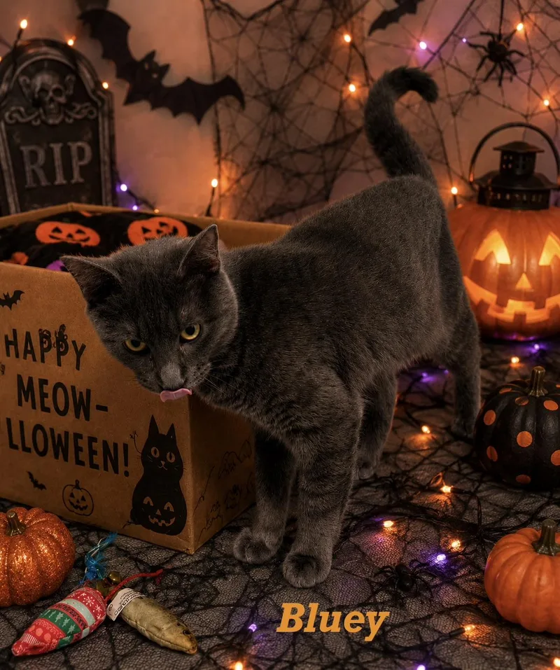 A young small-sized male Domestic Short Hair cat named Bluey for adoption in Leesville, LA