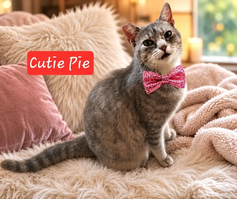 A young medium-sized female Calico cat named Cutie pie for adoption in Miami, OK