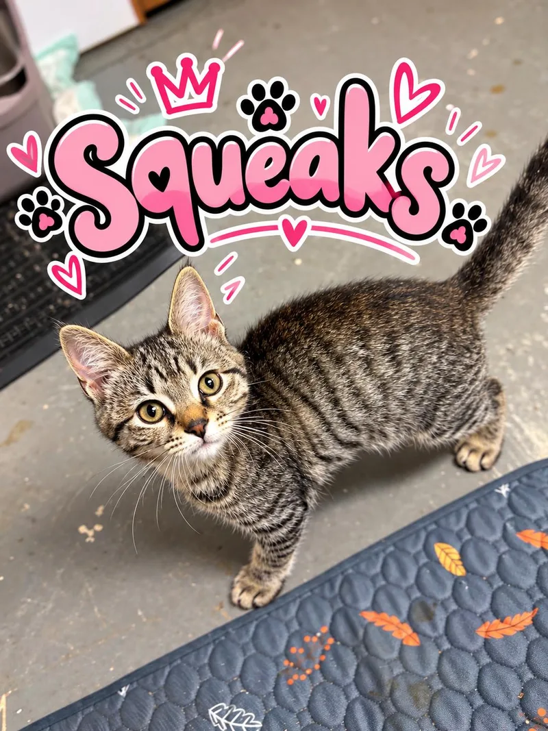 A young medium-sized female Tabby (Brown / Chocolate) Domestic Short Hair cat named Squeaks for adoption in Akron, OH