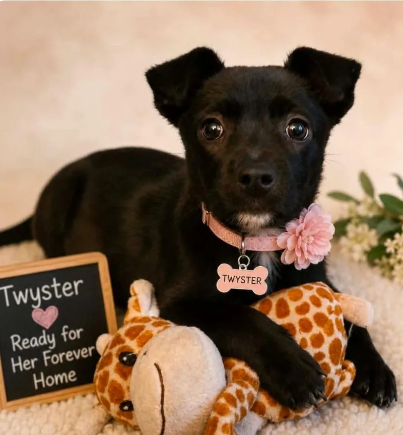 A baby medium-sized female Terrier dog named Twyster for adoption in El Dorado, AR