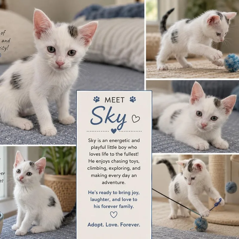 A baby small-sized male Gray & White Domestic Short Hair cat named Skye for adoption in Bentonville, AR