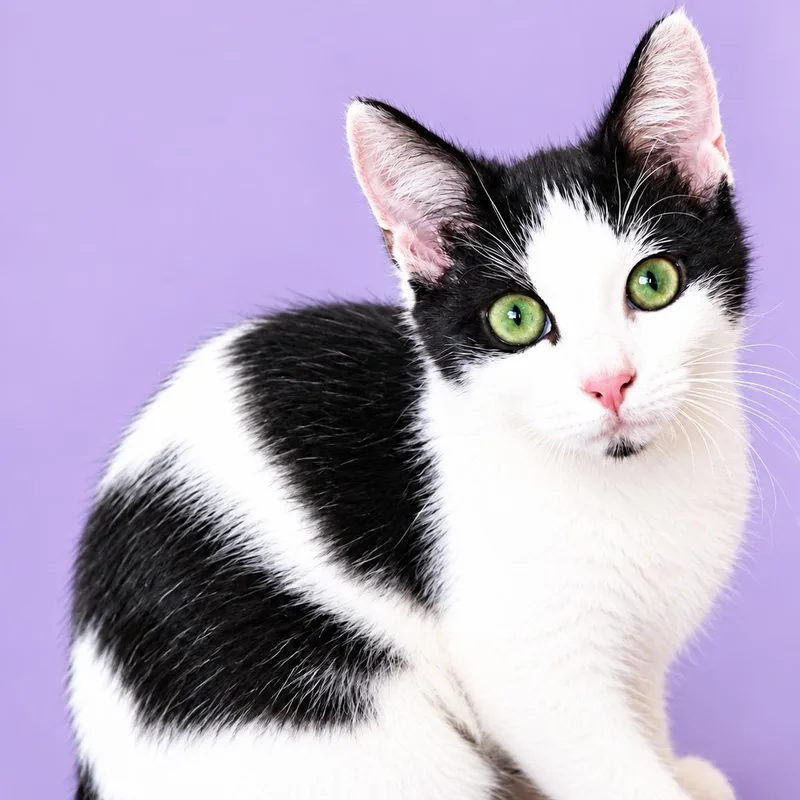 A baby medium-sized female Black & White / Tuxedo Domestic Short Hair cat named Chickpea bonded with Chelsea for adoption in Charlotte, NC
