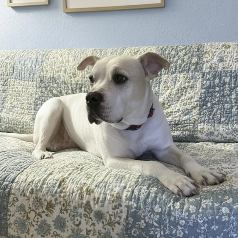 An adult large-sized female White / Cream Pit Bull Terrier dog named Cookie for adoption in Southport, CT