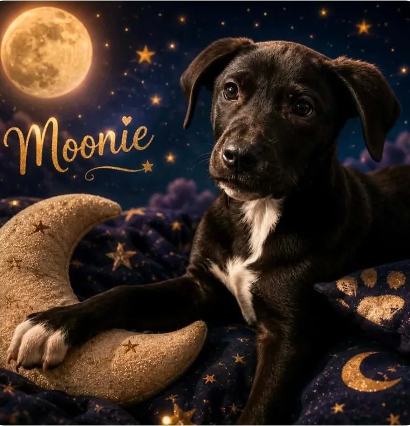 A baby medium-sized female Labrador Retriever dog named Moonie for adoption in El Dorado, AR