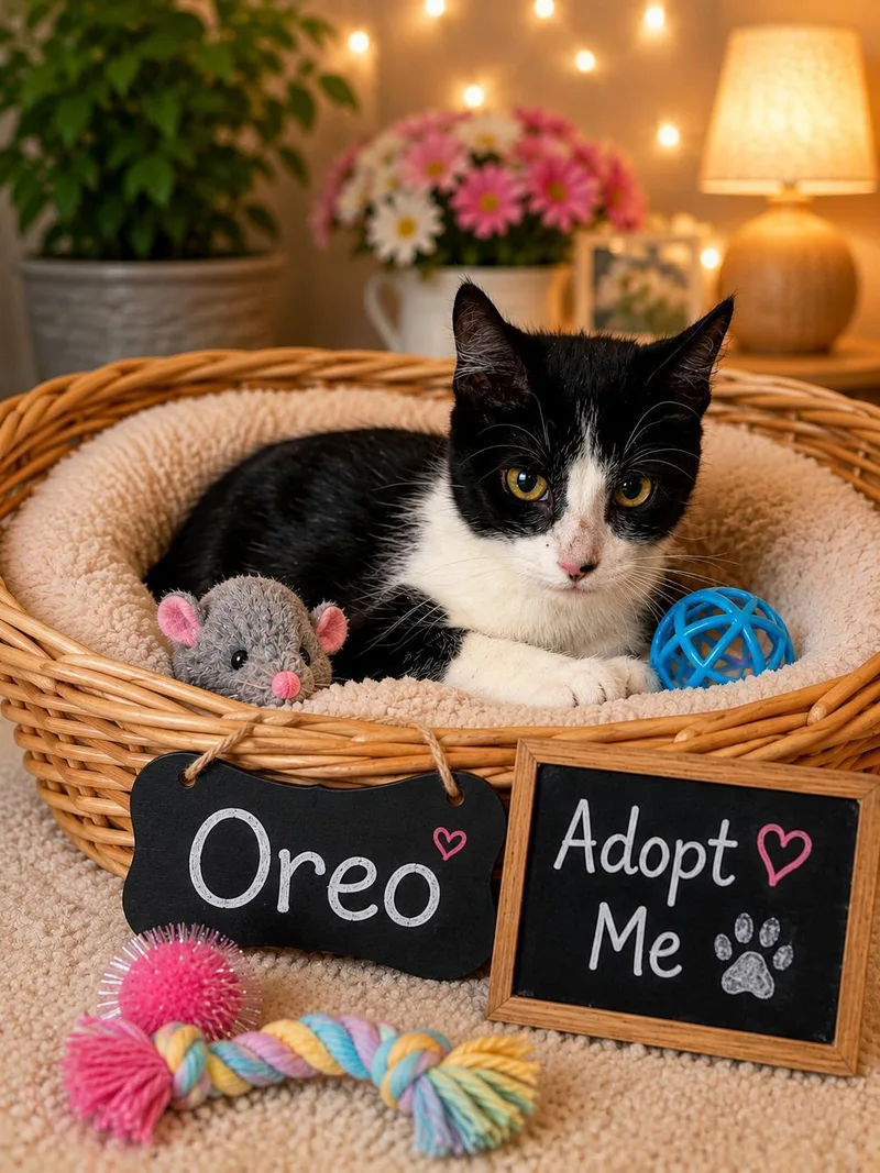A young small-sized female Black & White / Tuxedo Domestic Short Hair cat named Oreo for adoption in Queen Creek, AZ