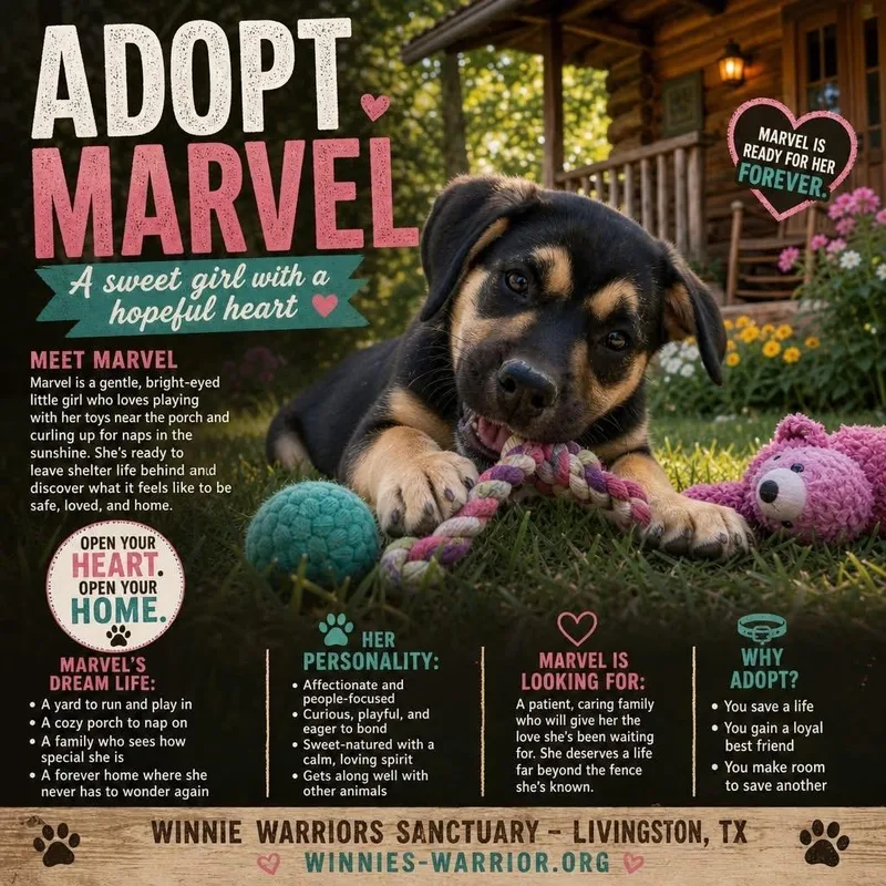A young medium-sized female Shepherd dog named Marvel for adoption in Livingston, TX