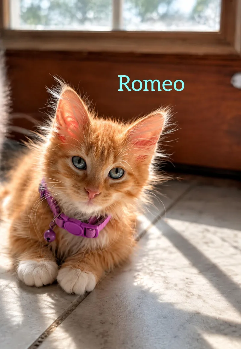 A baby medium-sized male Orange / Red Domestic Long Hair cat named Romeo for adoption in Shrewsbury, MA