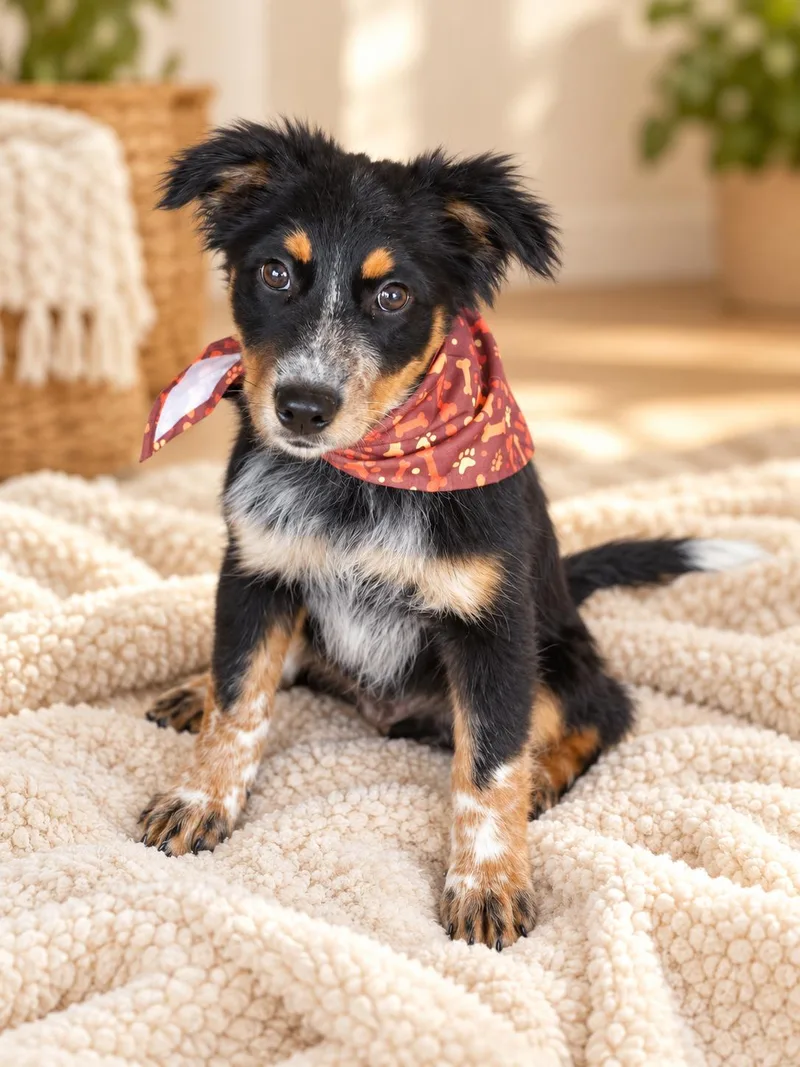 A baby medium-sized male Tricolor (Brown, Black, & White) Border Collie dog named Mav for adoption in Salamanca, NY
