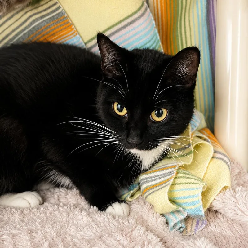 A young small-sized female Black Domestic Short Hair cat named Enoki for adoption in Hopkinton, MA