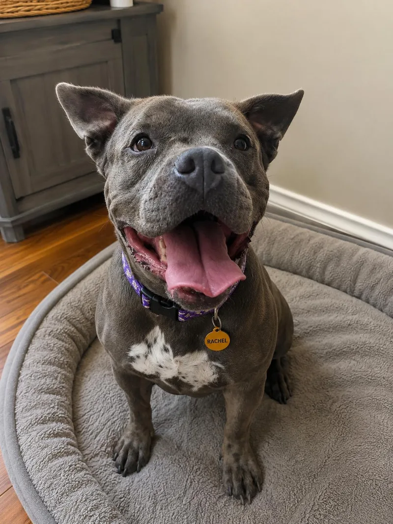 An adult medium-sized female Gray / Blue / Silver American Staffordshire Terrier dog named 'lil Ms. Rachel  for adoption in Houston, TX
