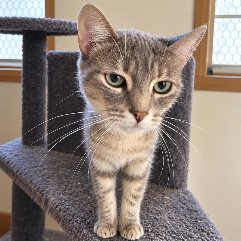 A young medium-sized female Tabby cat named Sylvie for adoption in Calimesa, CA