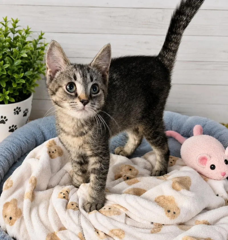 A baby medium-sized female Tabby cat named Rae for adoption in Saginaw, MI