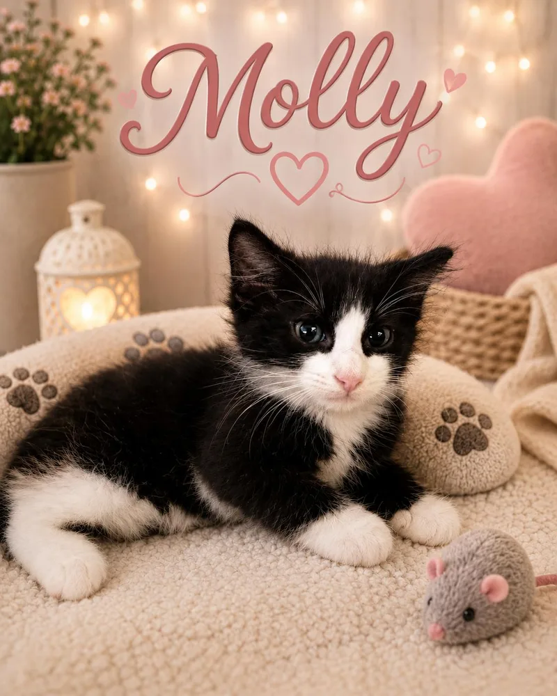 A young medium-sized female Tuxedo cat named Molly for adoption in Dickinson, TX