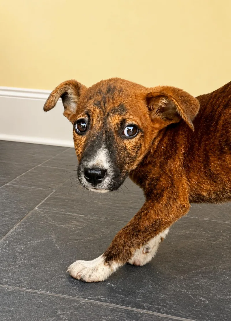 A baby medium-sized female Brindle Australian Shepherd dog named Sora for adoption in Pleasant Valley, NY