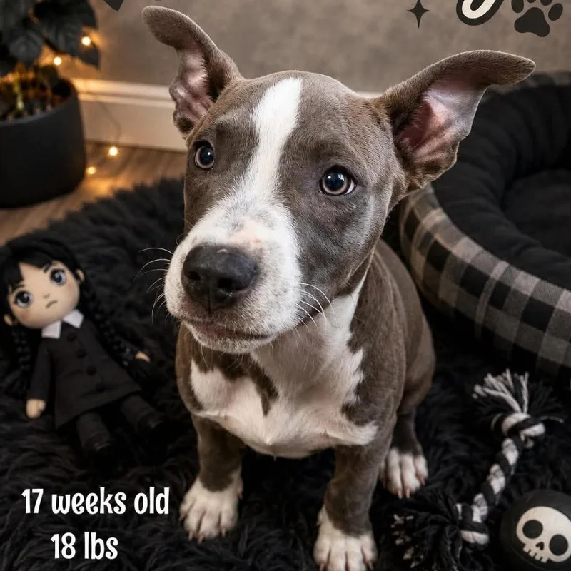 A baby medium-sized female Gray / Blue / Silver Pit Bull Terrier dog named Wednesday for adoption in Alma, WI