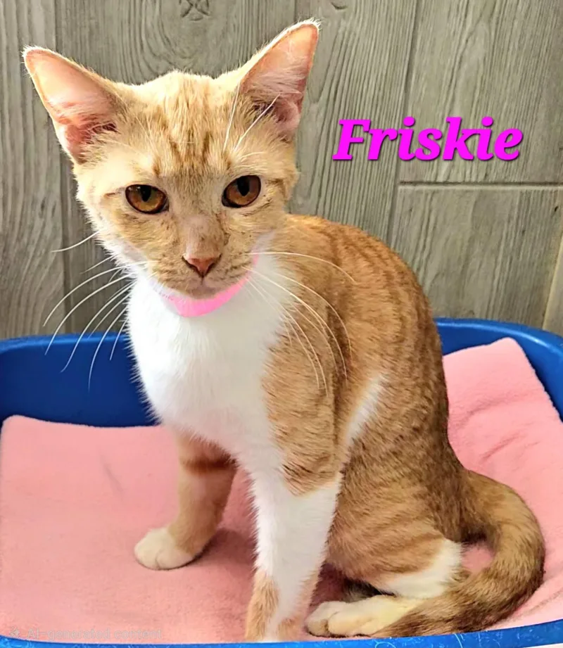 An adult medium-sized female Orange & White Tabby cat named Friskie for adoption in Macon, GA