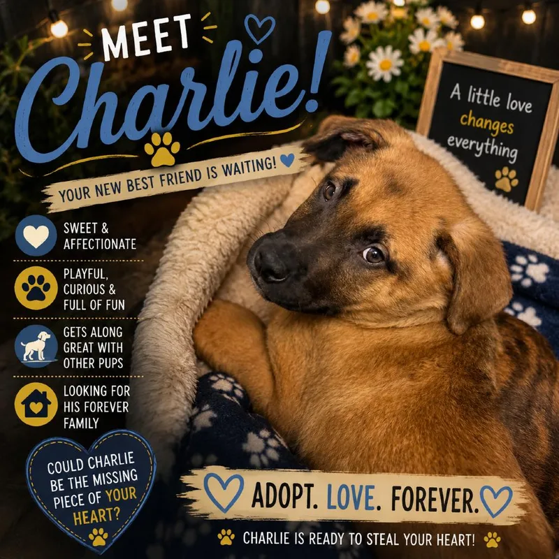 A baby medium-sized male Brown / Chocolate Shepherd dog named Charlie for adoption in Waldorf, MD