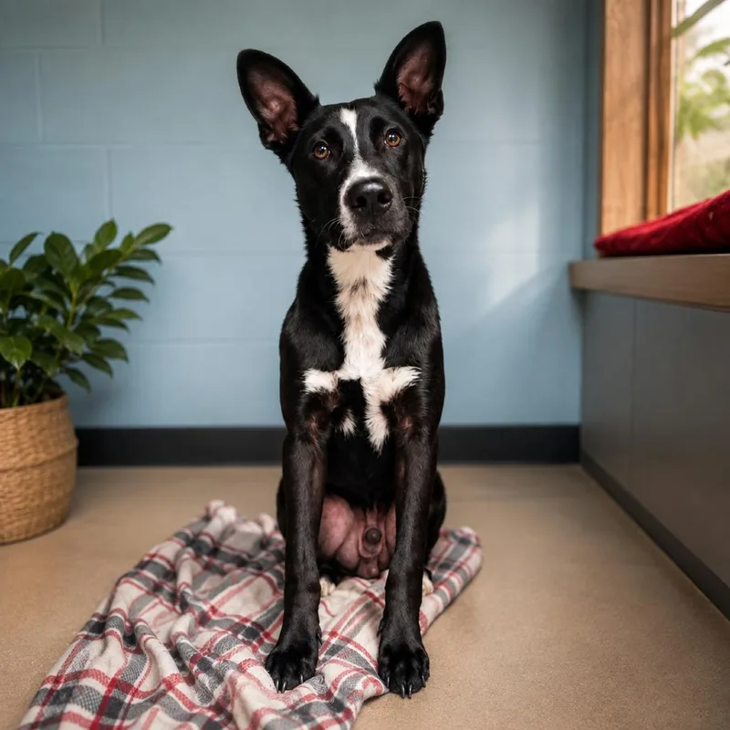 A young medium-sized male Black Australian Cattle Dog / Blue Heeler dog named Anubis D for adoption in Corsicana, TX