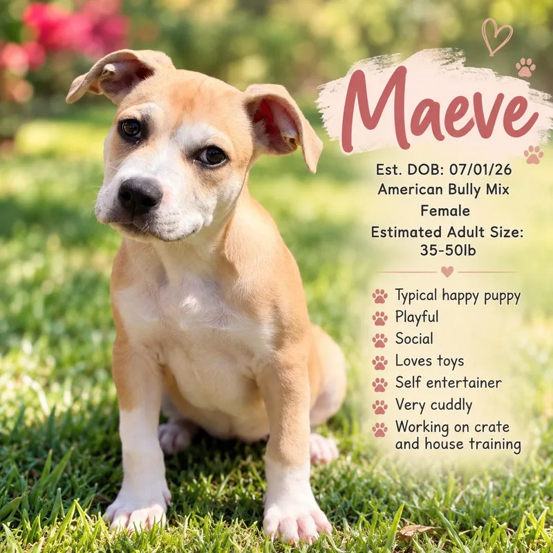 A baby medium-sized female Apricot / Beige American Bully dog named Maeve for adoption in Evans, GA