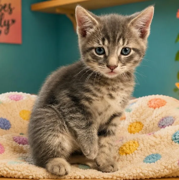 A baby medium-sized male Tabby (Gray / Blue / Silver) Domestic Short Hair cat named Marty for adoption in Jamestown, ND