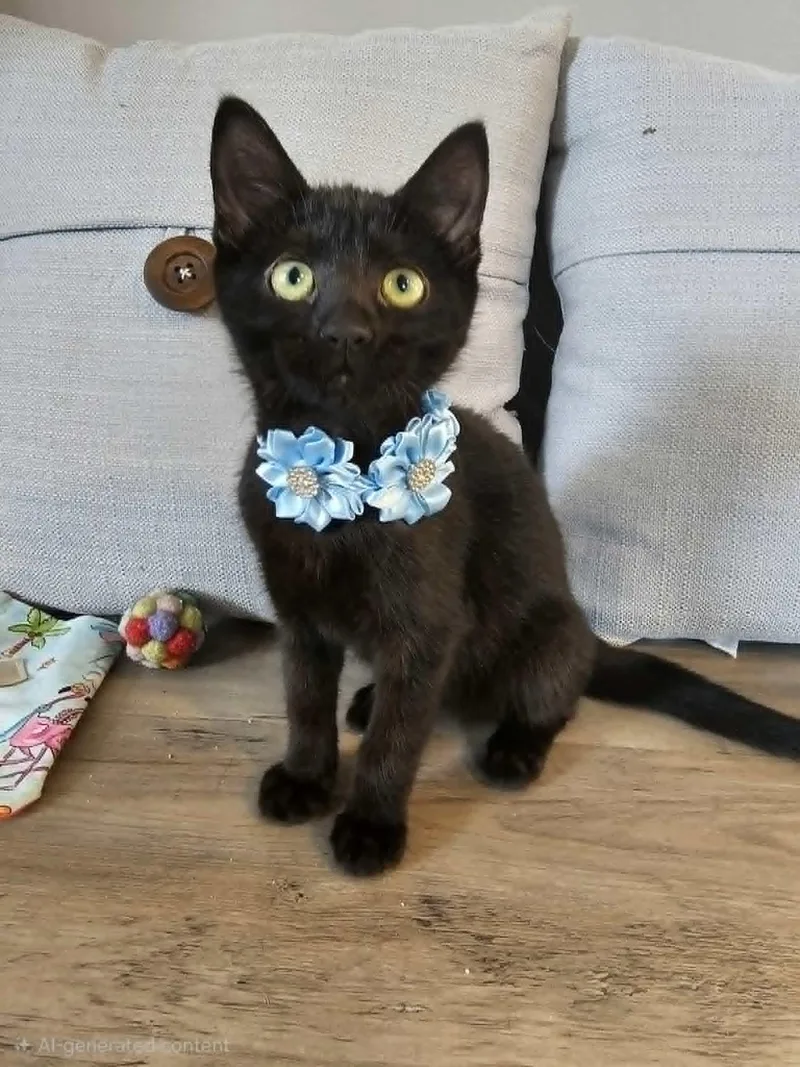 A baby medium-sized female Black Domestic Short Hair cat named Skellie for adoption in Wading River, NY