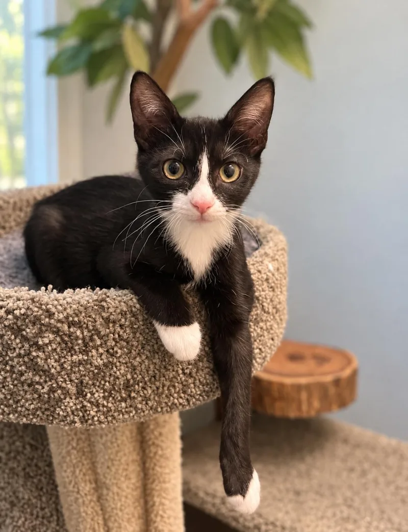 A baby medium-sized female Black & White / Tuxedo Domestic Short Hair cat named Sprocket for adoption in Jacksonville, FL