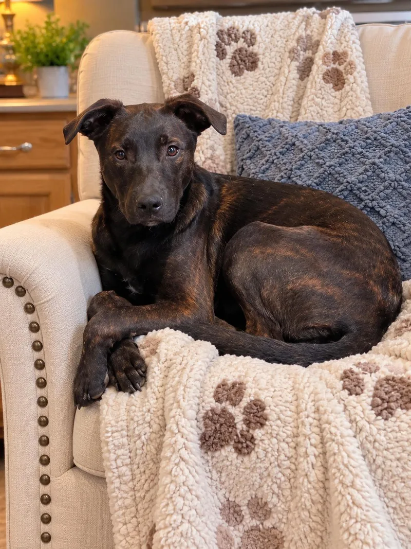 A young medium-sized female Brindle Pit Bull Terrier dog named Marbles for adoption in RUSSIAVILLE, IN