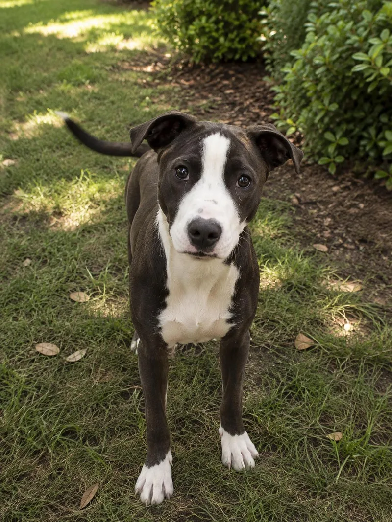 An adult large-sized male Black American Staffordshire Terrier dog named Buster for adoption in Alexander City, AL
