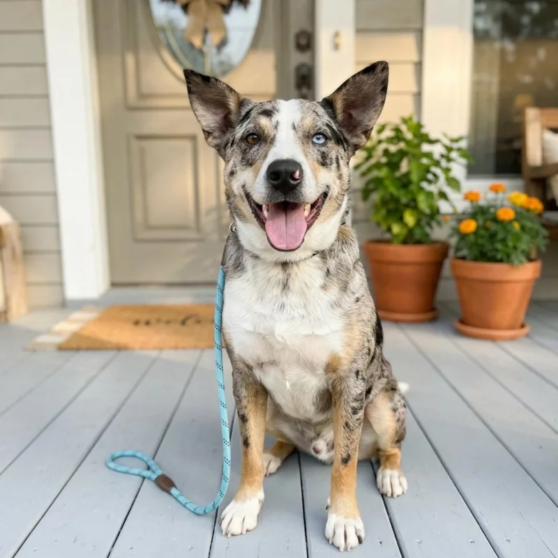 A young medium-sized male Merle (Blue) Catahoula Leopard Dog dog named Drako for adoption in Tishomingo, OK