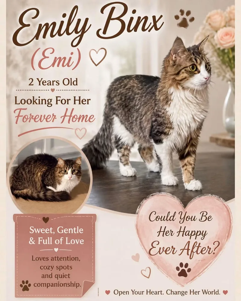 An adult medium-sized female Domestic Medium Hair cat named Emily Binx for adoption in Fort Worth, TX